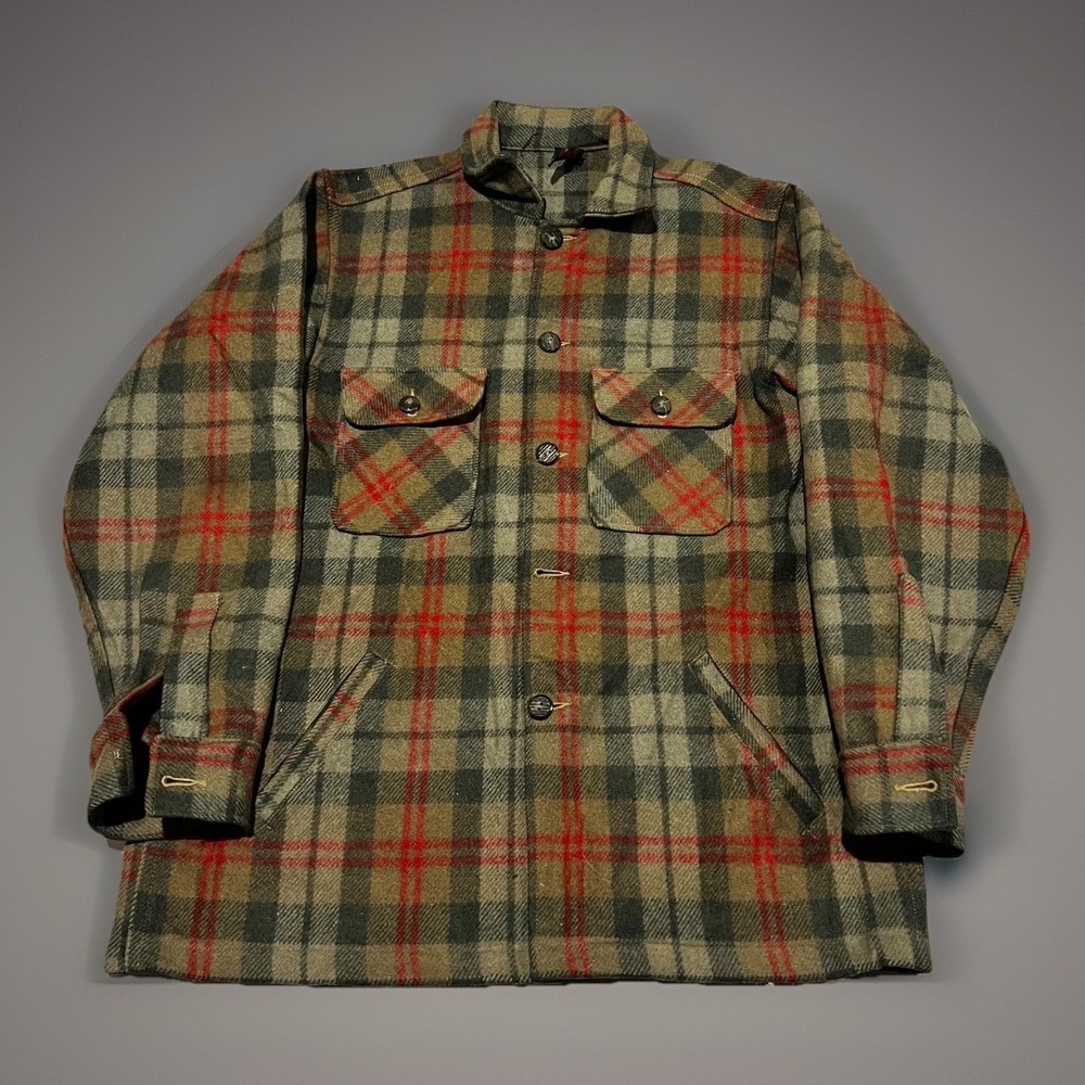 LL Bean Mens Green Plaid True Vintage 50s-60s Flannel Over Shirt Jacket Wool L